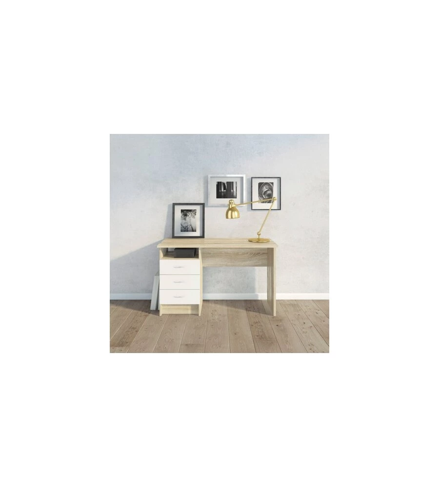 SCRIVANIA IN MDF EFFETTO QUERCIA CON TRE CASSETTI BIANCHI, 72X48X120 CM